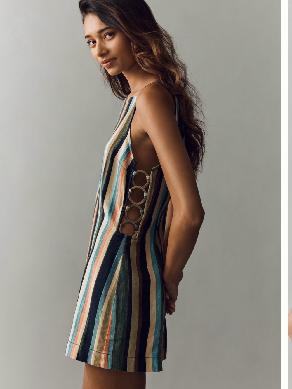 Anthropologie Multicolor Striped Ring-Detail Sleeveless Linen Romper